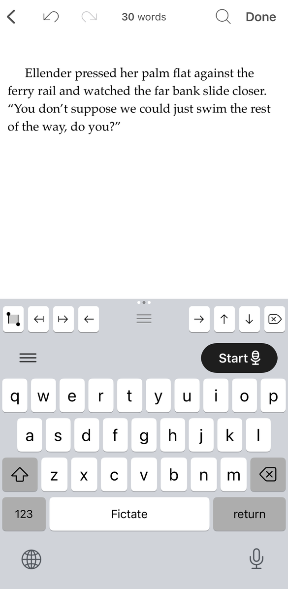 The dictated scene now written into the document, showing a thirty word count