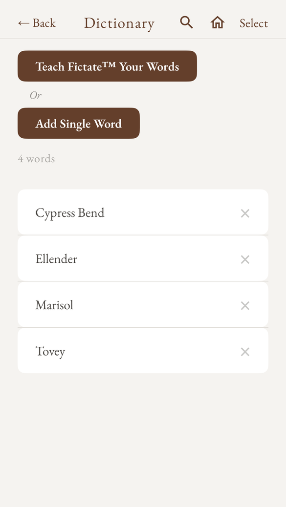The Fictate dictionary listing four learned words: Cypress Bend, Ellender, Marisol, and Tovey