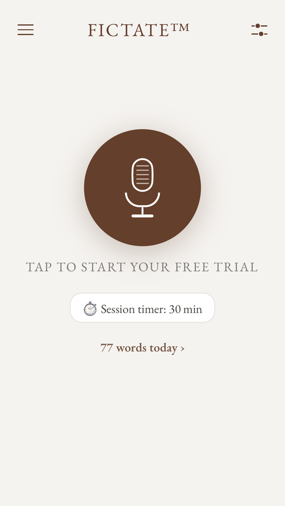 Fictate home screen with a large record button, a session timer, and a daily word count