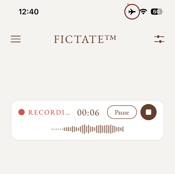 Fictate recording with the phone in airplane mode, the airplane icon circled in the status bar
