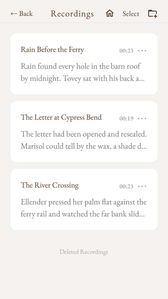 The Recordings list showing three dictated scenes with their opening lines