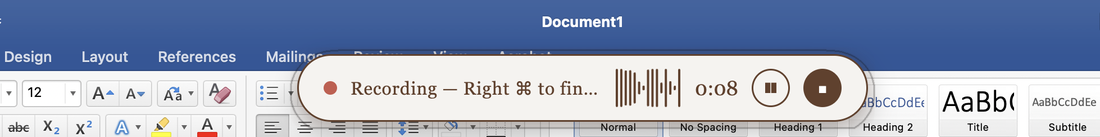 Fictate Anywhere recording inside Microsoft Word, the pill reading Recording, Right Command to finish