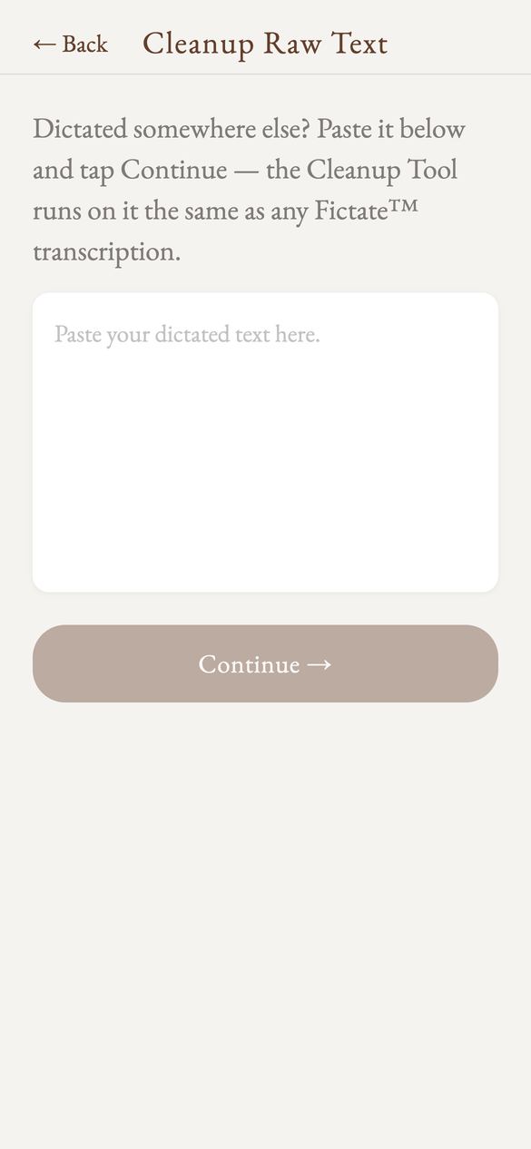 The Cleanup Raw Text screen for pasting in text from elsewhere