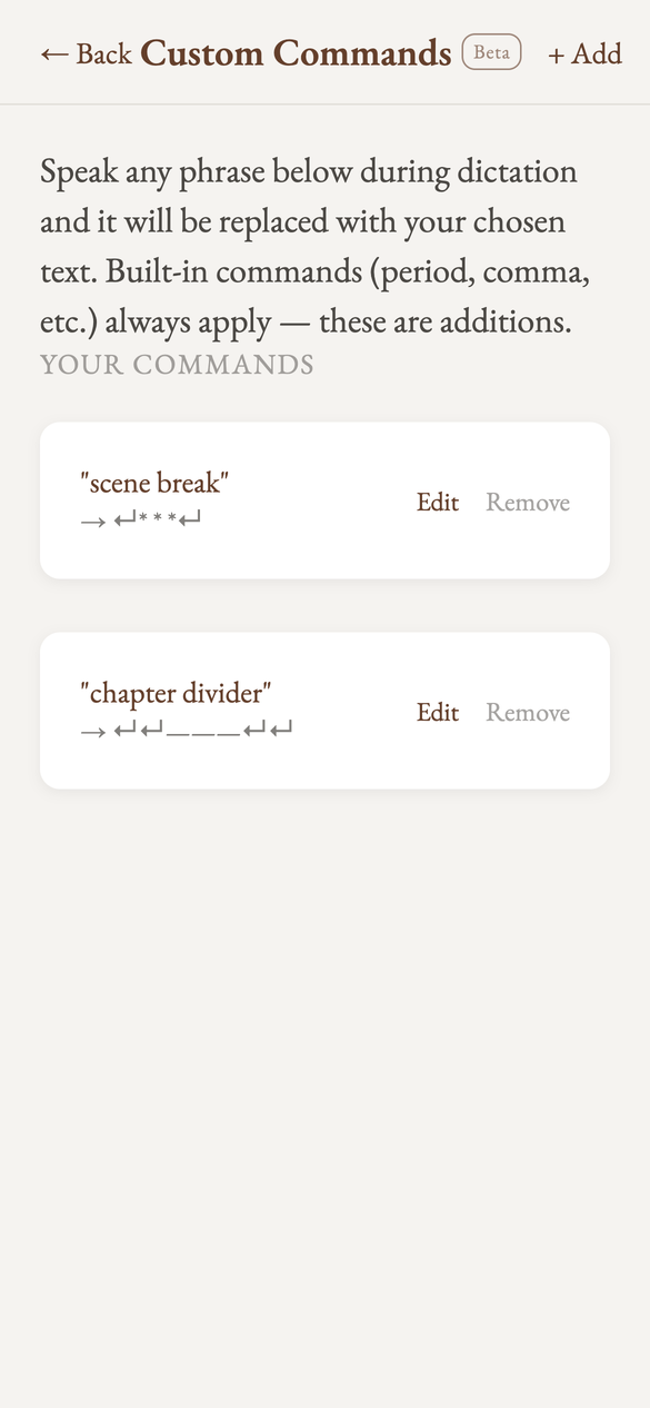 The Custom Commands screen with two example commands