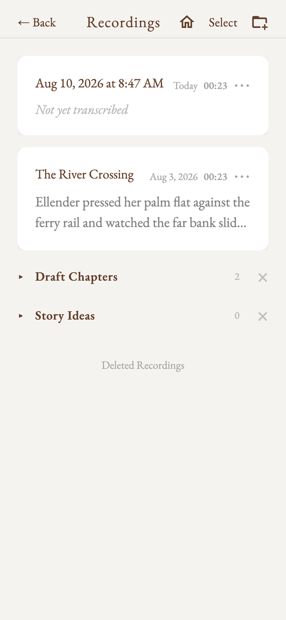 The Recordings library showing folders and unfiled recordings