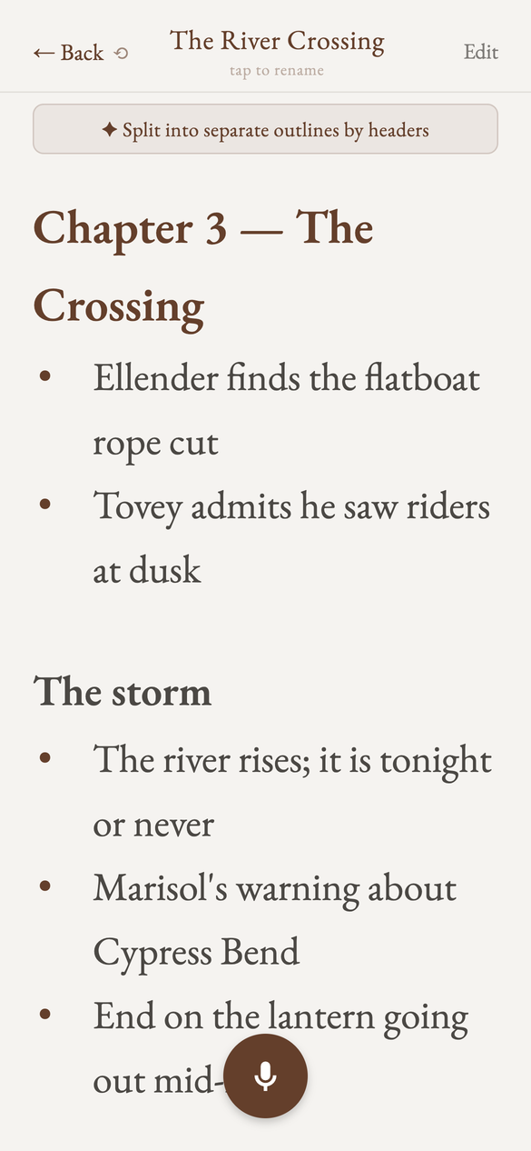 A story outline open in Fictate