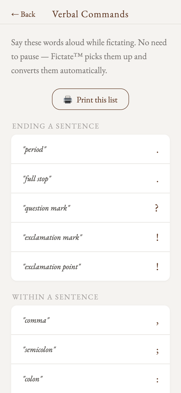 The Verbal Commands reference screen inside Fictate